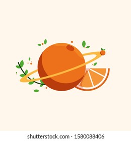 Inside the Saturn vector in flat style.Concept art if planet become fruit.Saturn become to orange.Vector Illustration EPS.10