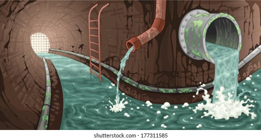 Inside the sewer. Cartoon and vector illustration. 