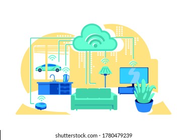 Inside smart home flat concept vector illustration. Wireless connection of household devices to cloud. Smart grid 2D cartoon illustration for web design. Digital transformation of living creative idea