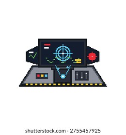 Inside of a spaceship cockpit control panel dashboard with buttons and screens in pixel art.