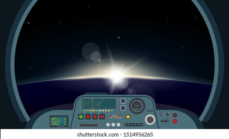 Vista interior de la nave espacial. Espacioso interior de barco futurista con panel de control con botones, luces y monitores. Vista sobre el planeta en órbita con el amanecer a través de la ventana principal. Ilustración vectorial de nave espacial.