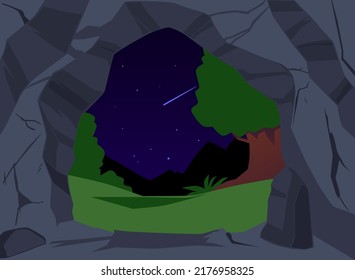 Inside of stone cave, night forest landscape with shooting star in the sky, cartoon flat vector illustration. Concepts of adventure, travel and exploration.