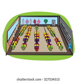 Inside the store. Doodle clothes, interior. Cartoon style. Vector illustration