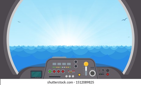 Inside submarine view. Submarine interior with control panel with buttons and lights. View on ocean water trough main submarine window. Spaceship or submarine vector illustration.