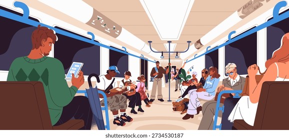 Inside of subway carriage. Passengers ride underground public transport. People standing in aisle, holding handrails, sitting on seats in coach. Men and women in metro. Flat vector illustration