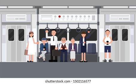 Inside subway with people. underground railways with man and woman. Interior of tube. concept vector design.