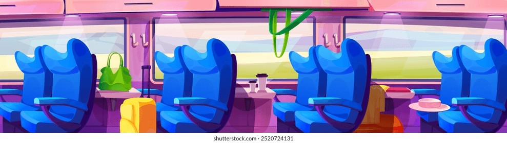 Inside train interior with window and chair vector. Passenger seat with table in railway transport cartoon illustration. Public express vehicle wagon indoor aisle and bag luggage journey concept.