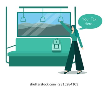 inside train public transportation subway modern fast vehicle journey traveler destination and beautiful girl backpack with mountain view