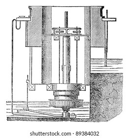 Inside of a turbine machine, vintage engraved illustration. Magasin Pittoresque 1875.