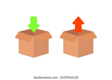 Dentro e desempacotar conjunto de ícones da caixa de encomendas. Conceitos de transporte, logística, entrega, serviço e entrega. Ilustração isolada de design de vetor plano.