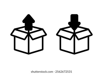 Inside and unpack parcel box icon set. Transportation, logistics, shipment, service, delivery concepts. Outlined vector design isolated illustration.