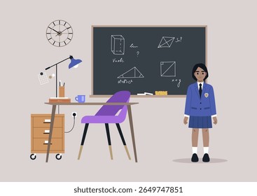 Inside a vibrant classroom, a schoolgirl in uniform stands confidently beside a desk filled with study materials, focusing on math concepts illustrated on the chalkboard