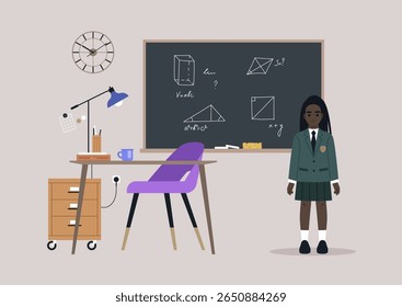 Inside a vibrant classroom, a schoolgirl in uniform stands confidently beside a desk filled with study materials, focusing on math concepts illustrated on the chalkboard