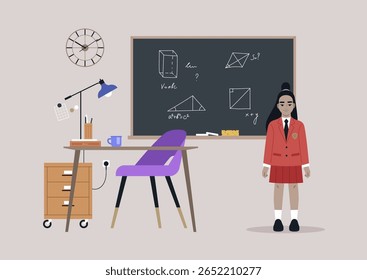 Inside a vibrant classroom, a schoolgirl in uniform stands confidently beside a desk filled with study materials, focusing on math concepts illustrated on the chalkboard