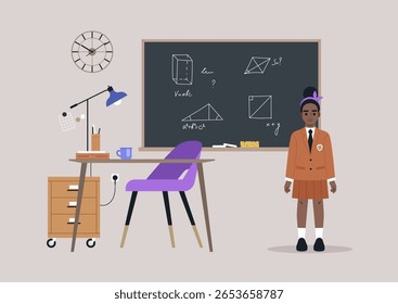 Inside a vibrant classroom, a schoolgirl in uniform stands confidently beside a desk filled with study materials, focusing on math concepts illustrated on the chalkboard
