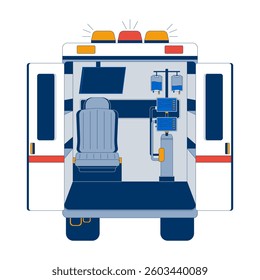 Inside view of ambulance with medical equipment 2D cartoon object. Monitoring screens, IV bags, paramedic seat in hospital vehicle isolated element flat vector clip art on white. Spot illustration