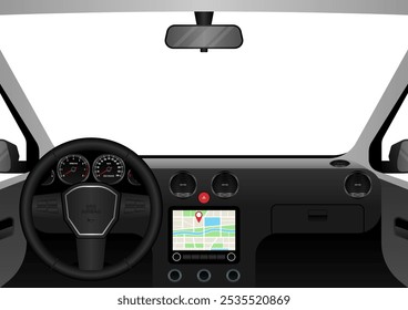 Vista de dentro de um carro. Interior do carro com volante e painel do carro. Ilustração de vetor.