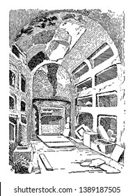 An inside view of Catacombs shown in this picture. Catacombs is the underground cemetery tomb, which is built by the romans in ancient times, vintage line drawing or engraving illustration.