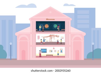 Inside view of museum building with visitors and exhibits. People on excursion in paleontology and archeology history museum, flat vector illustration.