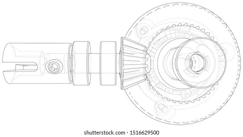 Inside view on gearbox cross section with gears and shafts. Wire-frame. EPS10 format. Vector created of 3d.