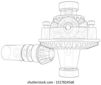 Inside view on gearbox cross section with gears and shafts. Wire-frame. EPS10 format. Vector created of 3d.