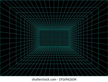 Inside of virtual reality. Interior perspective grid. Wireframe of digital data. Vector