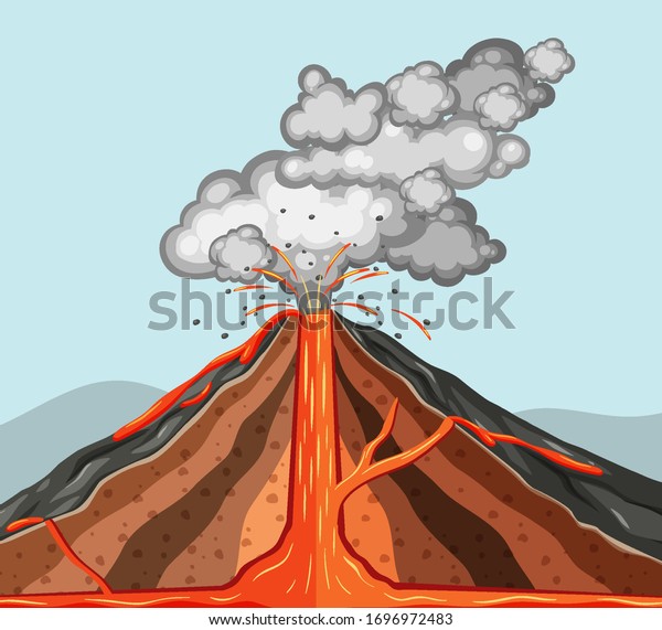 溶岩が噴出し煙が出る火山の中のイラスト のベクター画像素材 ロイヤリティフリー