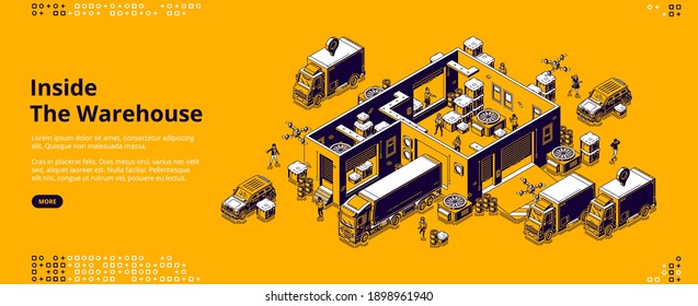 Cartel interior del almacén. Infraestructura logística para almacenamiento, distribución y entrega de carga desde fábrica. Página de aterrizaje de vectores con interior de almacén isométrico, camiones, drones y trabajadores