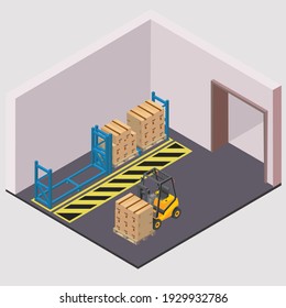 Inside Warehouse Logistic  Background Isometric Objects Car Human Forklift Boxes And Carboards Vector Eps