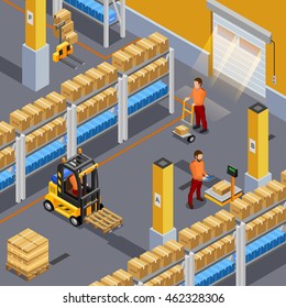 Inside warehouse with workers and packages isometric vector illustration