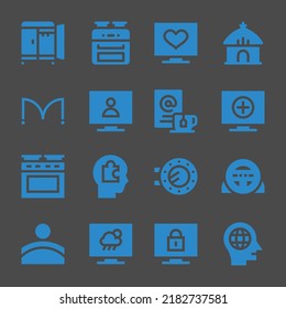 inside web icons. Wardrobe and Oven, Hut and Television symbol, vector signs