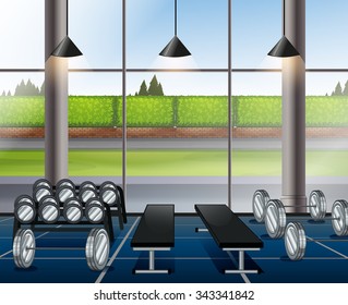 Inside weightlifting room with benches illustration