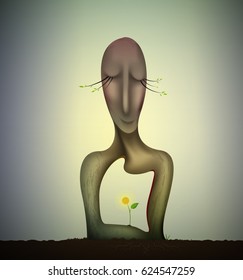 inside the woman soul, happy and satisfied soul, nature feelings, smile surrealism sculpture, Earth dream, plant alive idea, vector