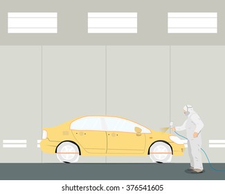 Inside of the working room interior painting cars. Diagnosis and repair of the car. Vector illustration