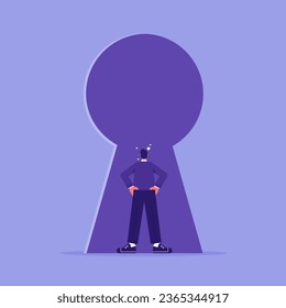 Insider business concept, businessman stands in the keyhole and looks inside, information about a important company or organization data, that is known only to the employees of the company 