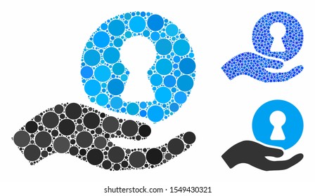 Insider hand mosaic of circle elements in variable sizes and color tones, based on insider hand icon. Vector circle elements are grouped into blue illustration.