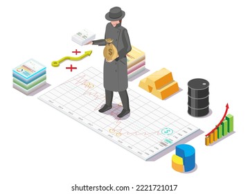 3D-Vektorgrafik der Insider-Bedrohung. Hacker stiehlt Geld und Daten-Information Illustration. Cyberbetrug, Bankbetrug, Internet-Räuber-Charakter. Phishing-Angriff, gehackter Account, Malware