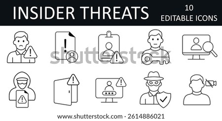 Insider threats icon set with internal access abuse, stolen data, login alerts, suspicious employees, and user monitoring.