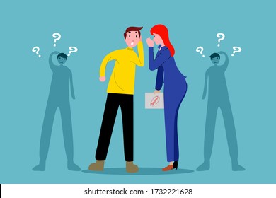 The insider woman is telling the secret information to a yellow shirt man.