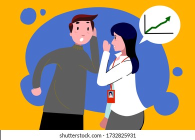 The insider woman is telling the secret information to the  man. The woman is telling the bussiness trend of her company to investor.Designed for corporate data protection campaigns