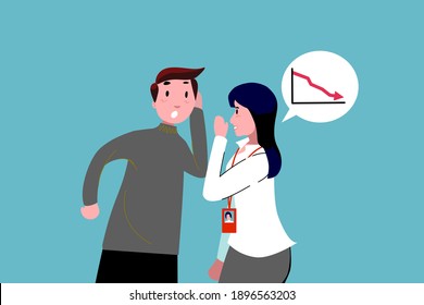 The insider woman is telling the secret information to the  man. The woman is telling the bussiness is decreasing trend of her company to investor.Designed for corporate data protection campaigns