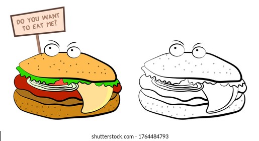 insidious angry burger in cartoon style with a sign DO YOU WANT TO EAT ME. The harm of fast food and convenience foods. Vector on a white background