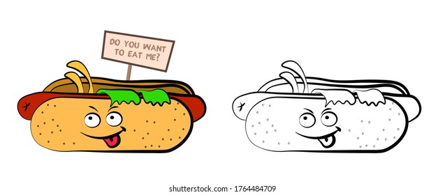insidious angry hot dog in cartoon style with a sign DO YOU WANT TO EAT ME. The harm of fast food and convenience foods. Vector on a white background