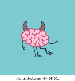 Insidious brain. Vector concept illustration of hells devil brain with corners, tail and hoof | flat design linear infographic icon on green background