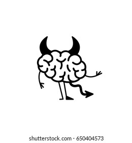 Insidious brain. Vector concept illustration of hells devil brain with corners, tail and hoof | flat design linear infographic icon black on white background