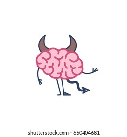 Insidious brain. Vector concept illustration of hells devil brain with corners, tail and hoof | flat design linear infographic icon colorful on white background