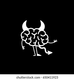 Insidious brain. Vector concept illustration of hells devil brain with corners, tail and hoof | flat design linear infographic icon white on black background