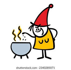 Insidious cartoon witch cooks a brew in a cauldron. Vector illustration of funny cook making a potion for witchcraft on Halloween. Creative doodle character isolated on white background.