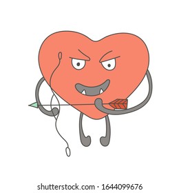 Insidious character heart with cupid arrow. Outbreak of feelings. Valentine's Day. Hand-drawn character design. Vector editable illustration