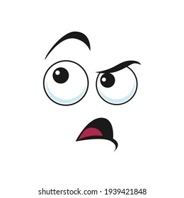 Insidious emoticon with puzzled face isolated icon. Vector distrustful face with big eyes and open mouth. Doubtful, disbelief distrusted facial expression. Distrusted emoji, suspicious character